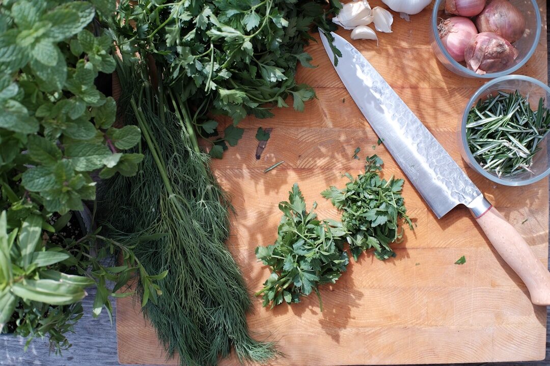 fresh herbs on cutting board
